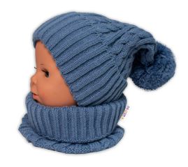 Zimní čepice s bambulí + komínek Baby Nellys - modrá, jeans, vel. 48-52cm (1)