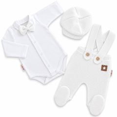Pletená souprava Gentleman 3D, body, polodupačky s láclem, čepička, bílá, 56