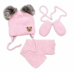 Dětská sada, zimní čepice s šálou + rukavičky 3D, Teddy Bear - sv. růžová