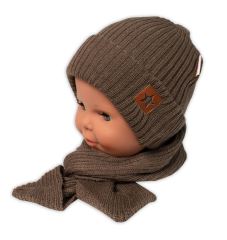 Baby Nellys Pletená čepice s šálou a rukavičky 3v1, STAR - hnědá (4)