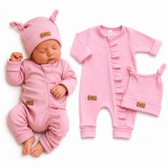 Kojenecká souprava Nature Girl – žebrovaný overal s čepičkou, 2D, 100% bavlna, baby pink