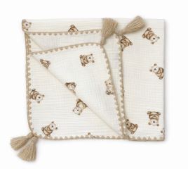 Mušelínová dětská deka 75 × 90 cm, s bambulkami, bavlněná pro miminko - Medvídek