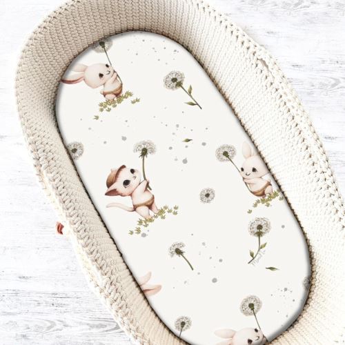 Prostěradlo do kočárku, koše, bavlna, Kocourek a pampeliška - bílá