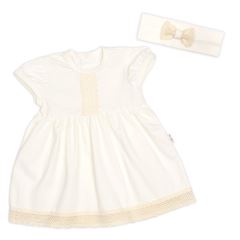 Luxusní šatičky s krajkou Sofia, krátkým rukávek  + čelenka ,2D sada, smetanové (1)