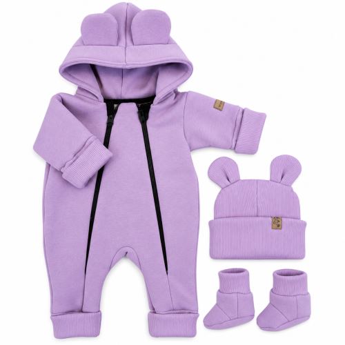 Oteplený dětský overal bez šlapek s kapucí, čepička + botičky, 3D, Kazum, lila (6)
