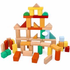Dřevěné stavební kostky Adam Toys, 100 ks v kyblíku se sorterem – barevné kostky pro děti