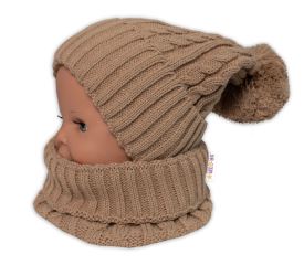 Zimní čepice s bambulí + komínek - béžová, vel. 48-52cm (1)