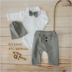 Z&Z 4-dílná sada Elegant Boy, body, kalhoty, motýlek a čepice, šedá/bílá (11)