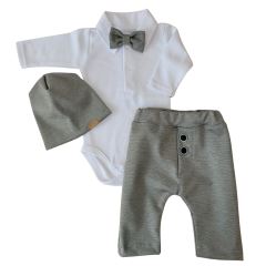 Z&Z 4-dílná sada Elegant Boy, body, kalhoty, motýlek a čepice, šedá/bílá (12)