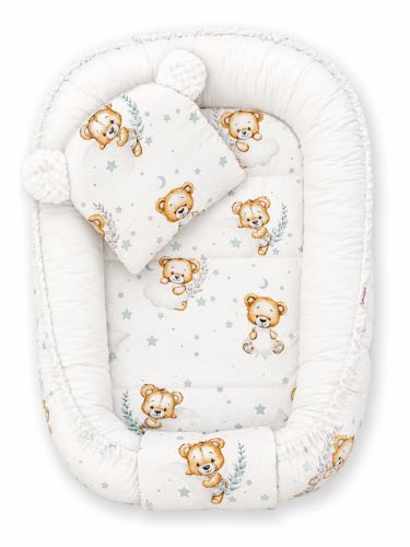 Oboustranné hnízdečko, podložka + polštářek 3D, Bavlna, Sleepy Teddy, bílé (1)