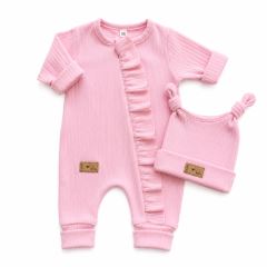 Kojenecká souprava Nature Girl – žebrovaný overal s čepičkou, 2D, 100% bavlna, baby pink