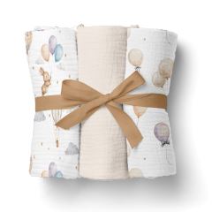Mušelínové pleny pro miminko 3 ks 70 × 70 cm z jemné bavlny - béžové, Zajíček a balónky (1)