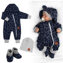 Rostoucí teplákový overal pro miminko, čepice, botky, 3D, Nature - jeans pírka