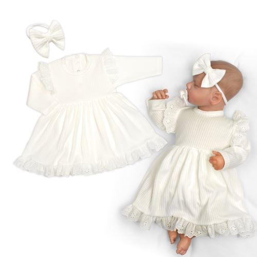 Žebrované sukničkobody + čelenka Paula, dl. rukáv, bavlna, 2D sada, smetanové