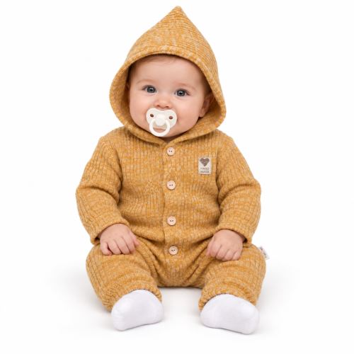 Pletený overálek s kapucí a knoflíčky Hand Made, medový žihaný (2)