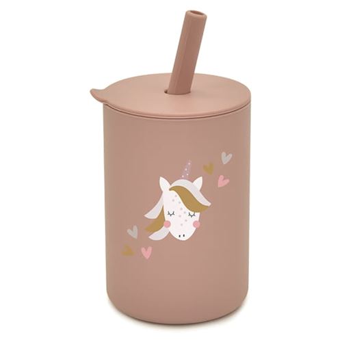 Silikonový hrnek s brčkem Jednorožec, 150 ml - pudrový