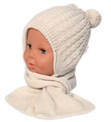 Zimní čepice na zavazování s bambulky + šál, Baby Nellys - béžová (1)