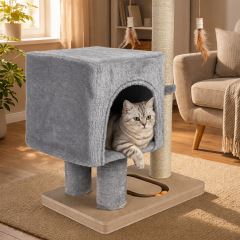 Škrabadlo pro kočky Cat Tree 64 cm s úkrytem – MDF, sisal, plyš, světle šedá (6)