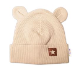 Baby Nellys Žebrovaná dvouvrstvá čepice s oušky TEDDY - béžová (1)