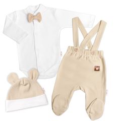 Bavlněná souprava Gentleman 3D, body, polodupačky s láclem + čepička, béžová/bílá (1)