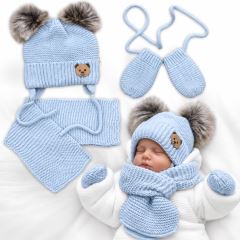 Dětská sada, zimní čepice s šálou + rukavičky 3D, Teddy Bear - sv. modrá (1)