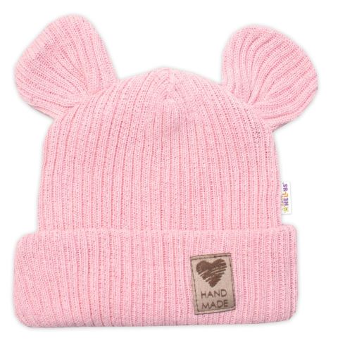 Pletená bavlněná čepice s oušky, dvouvrstvá, Hand Made Baby Nellys, růžová (1)