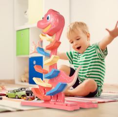 Veselá hrající autodráha/skluzavka Dino + 6 autíček, oranžová (6)