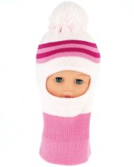 BABY NELLYS Zimní čepička/kukla s bambuli - sv. růžová s proužky