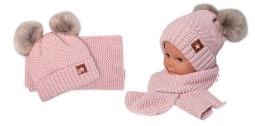 Zimní čepice s kožešinovými bambulemi + šál Baby Nellys Star - pudrová, 6/24 měsíců (3)