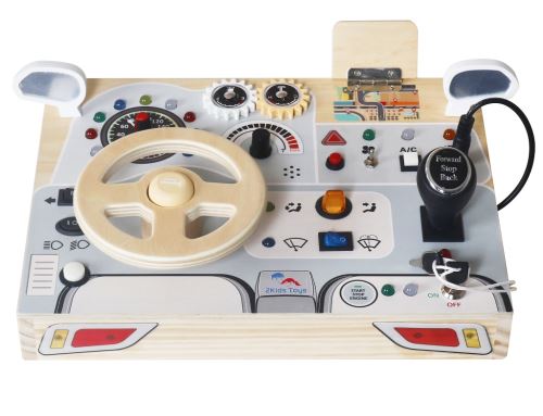 Interaktivní dřevěná motorická deska pro děti – Montessori hračka, volant, spínače