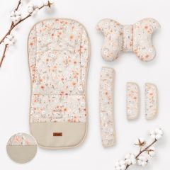 Vložka do kočárku set deluxe 4v1 – oboustranná, velvet a bavlna, květinky, béžové