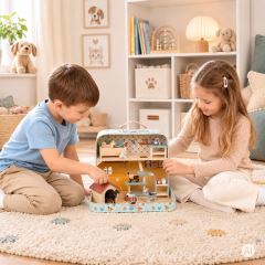 Dřevěný patrový zverimex v kufříku, hrací sada s nábytkem, 23 doplňků (2)
