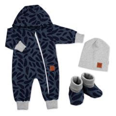 Rostoucí teplákový overal pro miminko, čepice, botky, 3D, Nature - jeans pírka (4)