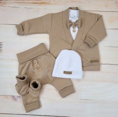Bavlněná sada, body, kalhoty, motýlek a čepice Elegant Boy 5D, Kazum, mocca/bílá (2)