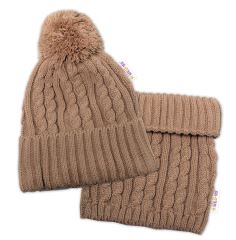 Zimní čepice s bambulí + komínek - béžová, vel. 48-52cm (2)