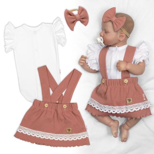 3D sada LADY, bavlna, body kr. rukáv, suknička s láclem, čelenka, starorůžová/bílá