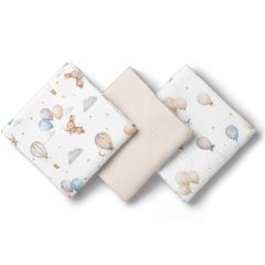 Mušelínové pleny pro miminko 3 ks 70 × 70 cm z jemné bavlny - béžové, Zajíček a balónky