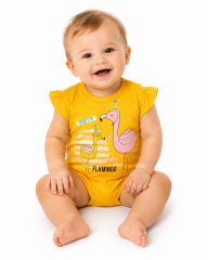 Baby Nellys Bavlněné kojenecké body, kr. rukáv, Flamingo - hořčicové