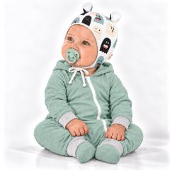 Baby Nellys Kojenecká čepička s oušky na zavazování - Příšerky, bílá/mátová (2)