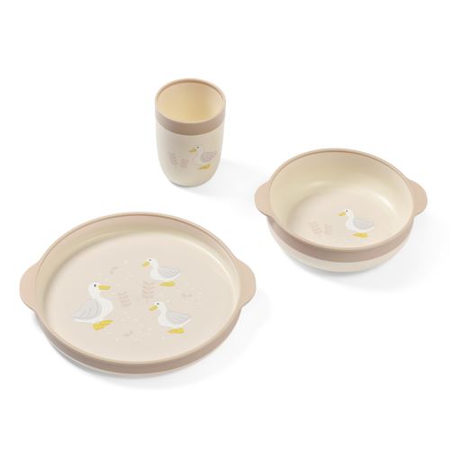 Jídelní sada pro batolata, 3D miska, talířek, hrníček - béžová (1)