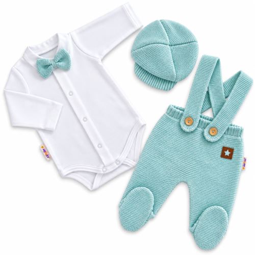 Pletená souprava Gentleman 3D, body, polodupačky s láclem, čepička, mátová