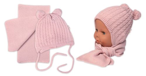 Zimní čepice na zavazování s bambulky + šál, Baby Nellys - pudrově růžová