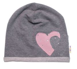 Dětská čepice bavlna, Srdíčka s kamínky, Baby Nellys, šedá (2)