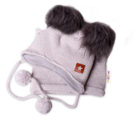 Zimní čepice s fleecem a chlupáčkové bambulky Star + komínek - šedá, 98/104, BABY NELLYS