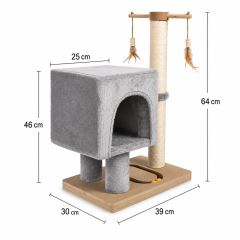 Škrabadlo pro kočky Cat Tree 64 cm s úkrytem – MDF, sisal, plyš, světle šedá (1)