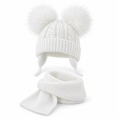 BABY NELLYS Zimní čepička s šálou - chlupáčkové bambulky - bílá