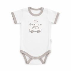Kojenecké body, kr. rukáv Mamatti, zap. u krku, Dream Car - bílé/šedý lem