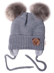 Dětská zimní čepice s fleecem Teddy Bear - chlupáčk. bambulky - tm. šedá, šedá